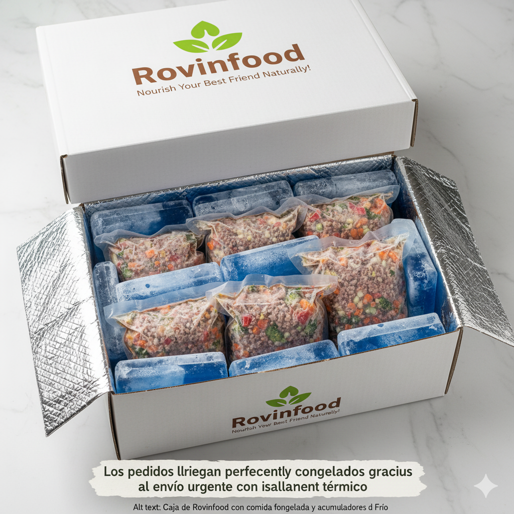 Caja de envío Rovinfood con comida congelada y acumuladores de frío