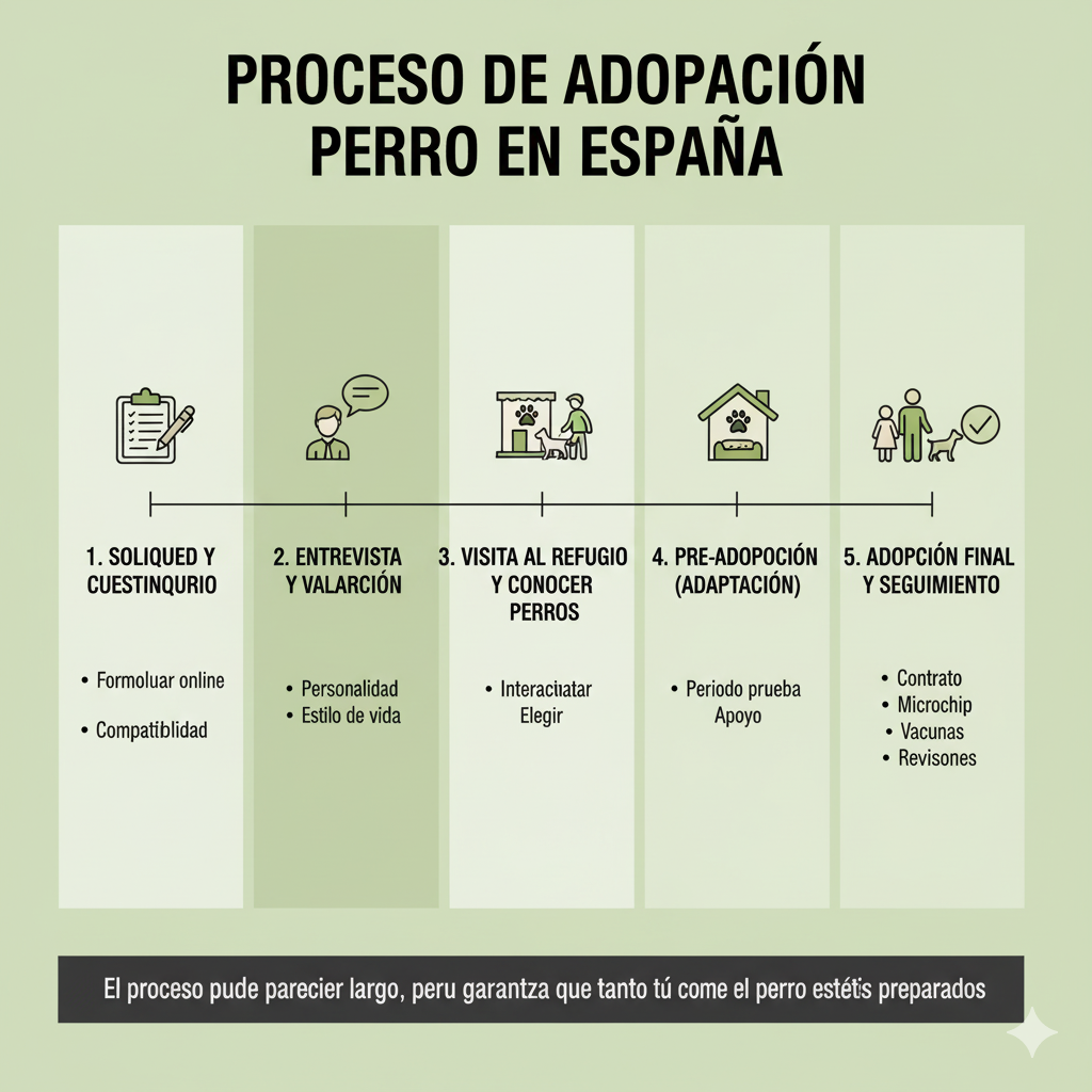 Infografía timeline del proceso de adopción de perros en España mostrando las 4 fases